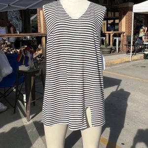 Black and White Striped Mod Dress with Slit